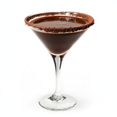 A decadent chocolate martini with a cocoa powder rim, positioned on an isolated white background, minimalism art style