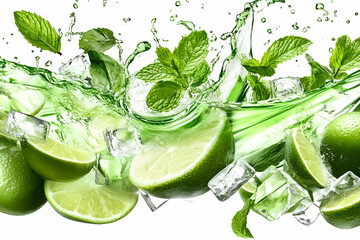 Fresh Limes and Mint Leaves Splash with Ice Cubes Dynamically on a White Background