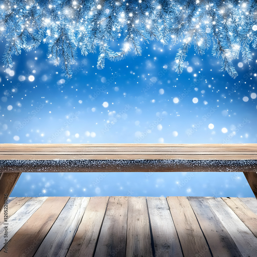 Poster empty wooden table with snowy pine branches and festive bokeh effect in blue sky background