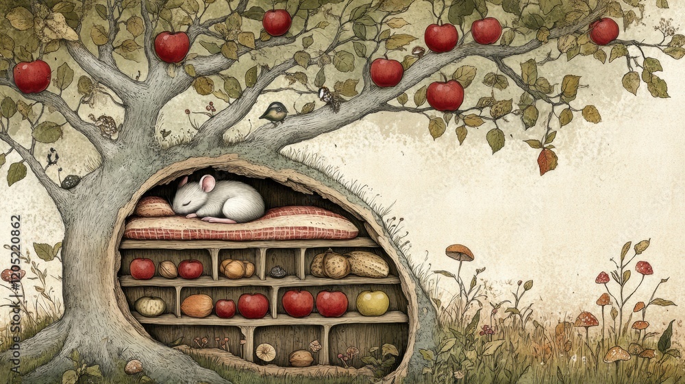 Poster cozy mouse resting in tree hollow surrounded by colorful fruits and apples in a whimsical garden set
