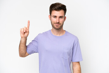 Fototapeta premium Young caucasian man isolated on white background pointing up a great idea