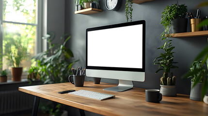 Modern desk workspace with clean setup computer clipboard coffee mug clock wall-mounted data graph 8K realistic