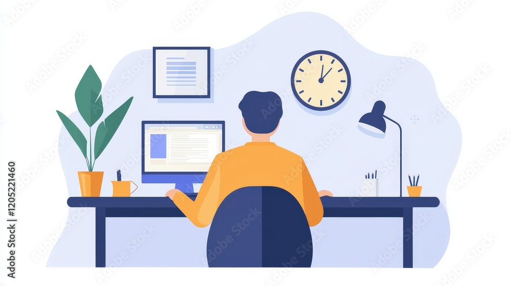 Poster a person working from a home office with a clock in the background, showing the freedom to work flex