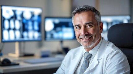 Fototapeta premium Radiologist Concentrating at a Workstation in a Clinical Setting (Healthcare)