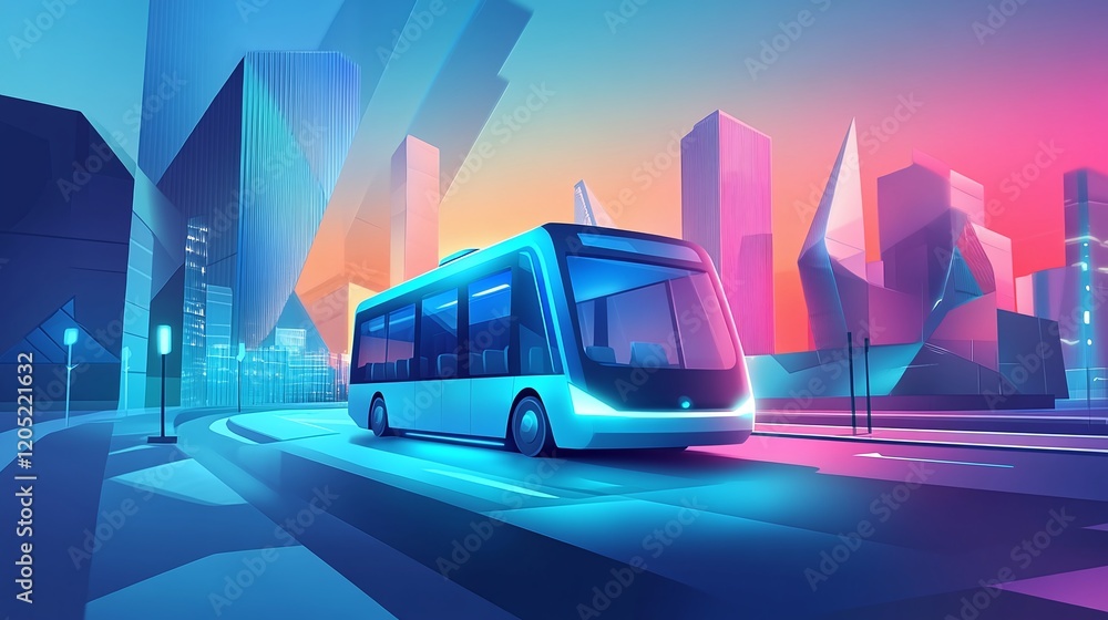 Poster a futuristic bus operating without a driver transporting passengers efficiently in an urban setting.