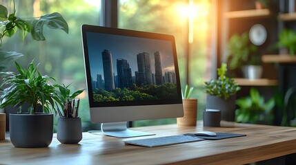 Fototapeta premium Well-organized office setup including workspace essentials computer clipboard coffee mug clock calculator data graph 8K realistic