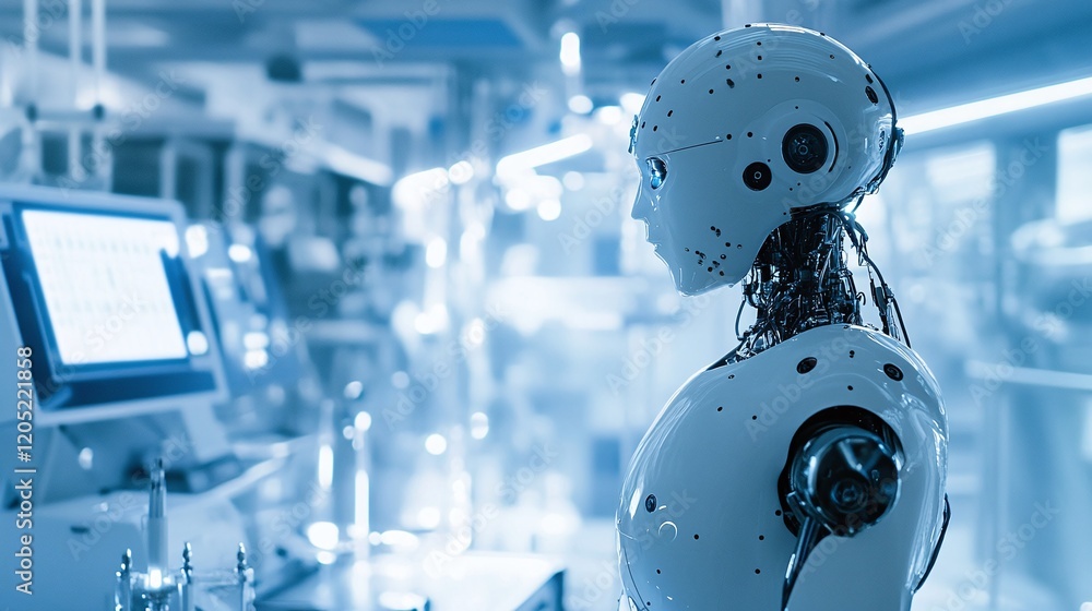Poster a futuristic humanoid robot standing alone in a high-tech laboratory symbolizing self-sufficiency an
