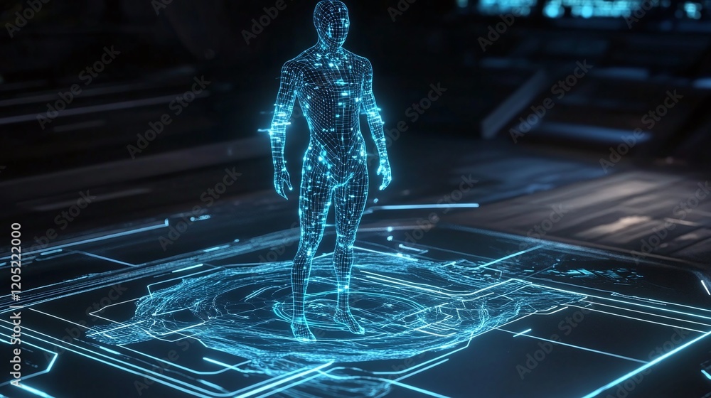 Poster a futuristic representation of a person connected to a glowing energy grid illustrating human intera