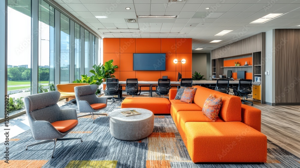 Poster a professional working in an open office with flexible workspace options, emphasizing creative, non-