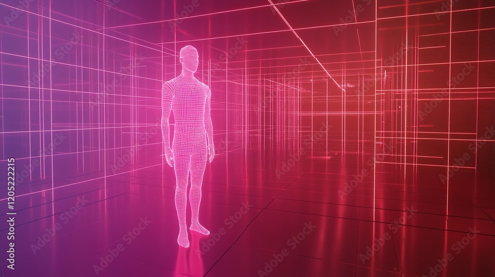 Poster a futuristic representation of a person connected to a glowing energy grid illustrating human intera