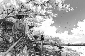 Obraz premium A tranquil moment under cherry blossoms, showcasing traditional attire and serene beauty.