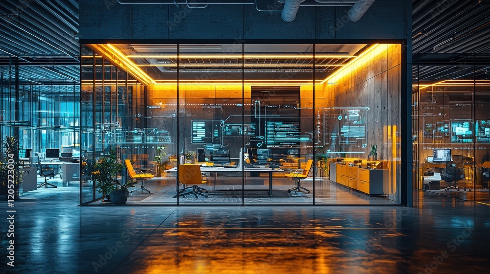 Poster a smart office with iot devices managing everything from lighting and temperature to security, creat