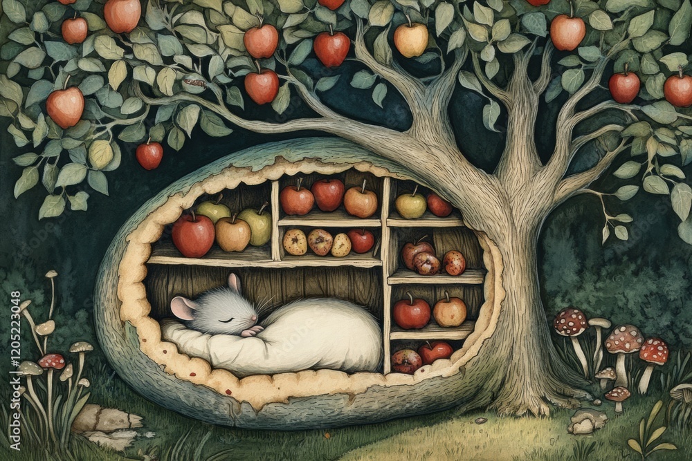 Poster Cozy mouse resting in a hollow tree filled with fruits under an apple tree during a serene evening. Generative AI