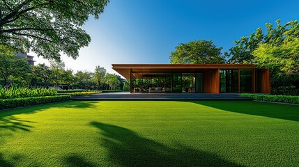 A spacious, open backyard with lush green grass, under a bright blue sky, offering a peaceful and serene atmosphere, ideal for outdoor activities.