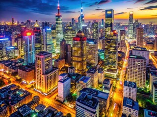 Obraz premium Stunning night photography: dark urban scenes, illuminated buildings, city lights ablaze.