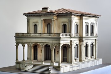 Obraz premium A Italianate house style detailed architectural model of a classic villa featuring a tiled roof, arched windows, and a grand staircase. The model showcases intricate designs and textures.