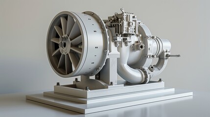 Obraz premium A modern water pump with detailed impeller and motor assembly, displayed on a clean white surface.