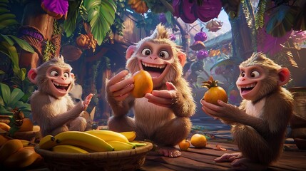 Three animated monkeys joyfully sharing fruits in a vibrant jungle setting filled with vegetation