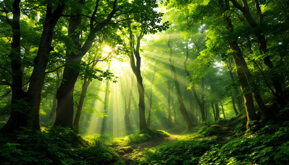 Naklejka premium Sunbeams Through Lush Green Forest Landscape
