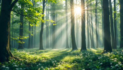 Naklejka premium Sunlit Forest Scene Peaceful Morning Sunlight Through Trees