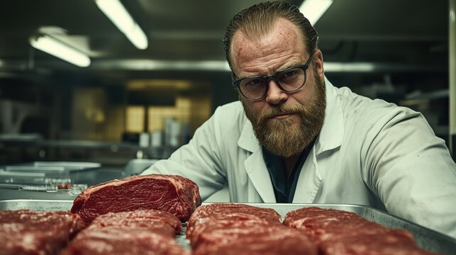 Butcher in Laboratory Coat Examining Raw Meat Cuts on Metal Tray