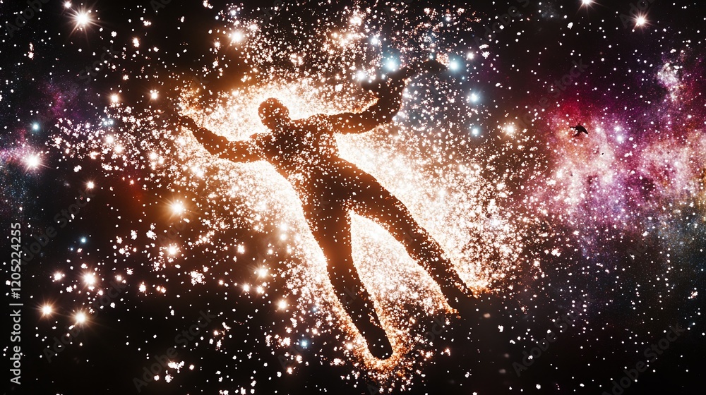 Poster a glowing human form dissolving into particles of light merging with the stars in a cosmic void.