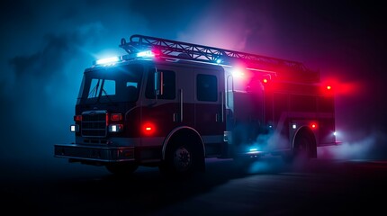 Firetruck at night with red and blue lights. Emergency vehicle concept. Powerful image. rescue project