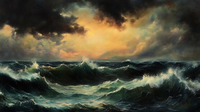 A stormy horizon with dark clouds rolling in over a wild and tempestuous sea