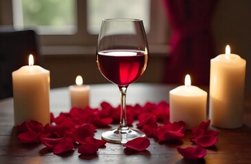 A glass of wine on the table rose petals