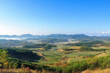Breathtaking panoramic view of rolling hills and lush fields during clear sunny weather in mountainous region. Generative AI