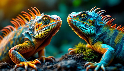 Vibrant Iguana Duo Close Up Stunning Reptile Photography
