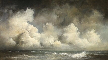 A stormy seascape with a dramatic sky filled with thick clouds and the sea raging below