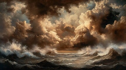 A stormy seascape with a dramatic sky filled with thick clouds and the sea raging below