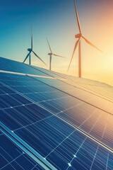 A close-up view of a solar panel array reflecting sunlight, with wind turbines in the background under a clear sky 