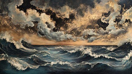 A stormy ocean with dark, turbulent waves beneath a sky filled with swirling clouds