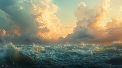 Fototapeta premium A stormy ocean with dark, turbulent waves beneath a sky filled with swirling clouds