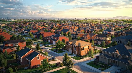 Obraz premium An aerial view of a city with interconnected homes and smart technologies for community engagement and communication.