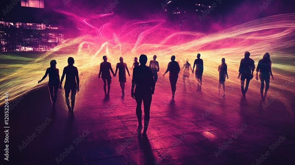 Aufkleber a group of people connected by glowing streams of energy symbolizing unity and shared life force.