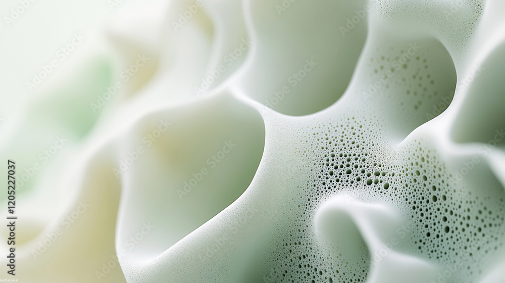 Poster Abstract texture of soft white foam with smooth flowing shapes, soft green and orange highlights