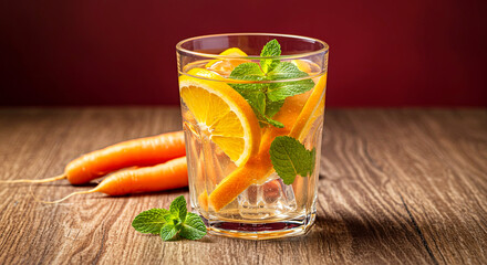 Glass of water with orange, carrot and mint leaves, on a rustic wooden table