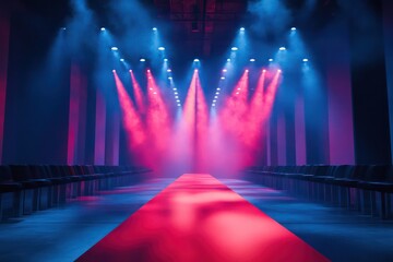 Exclusive fashion show runway with dramatic lighting, sleek design elements, and high-end seating.