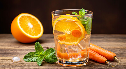 Glass of water with orange, carrot and mint leaves, on a rustic wooden table