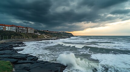 Fototapeta premium A dark sea under a stormy sky, with waves crashing violently against a rocky shore