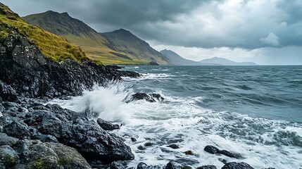 A dark sea under a stormy sky, with waves crashing violently against a rocky shore