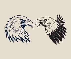 Black silhouette of an eagle head isolated on a white background. Concept of fierce bird illustration, majestic predator, minimalist style, powerful eagle. Print, icon, design element
