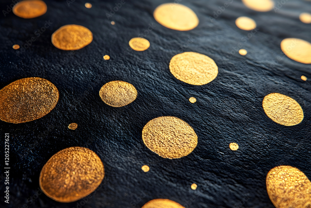 Poster abstract close-up of textured black surface with golden metallic dots in varying sizes, creating a l