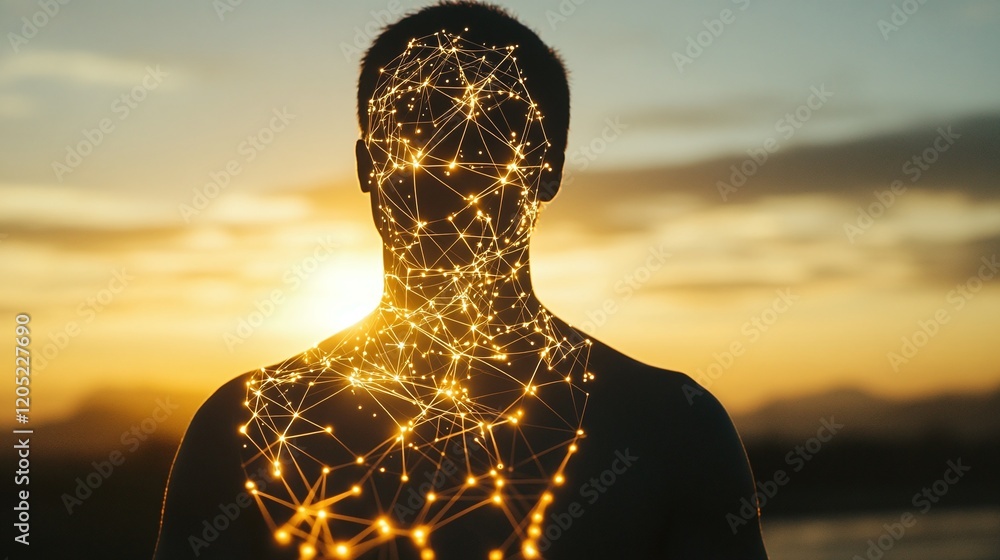 Poster a human form glowing with interconnected lines of light energy representing the flow of life force w