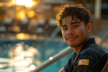 A young man smiles brightly beside a shimmering pool during sunset.