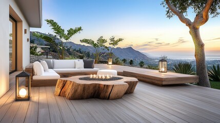 An outdoor patio with rustic design elements such as weathered wood, vintage lanterns, and comfortable seating, offering a laid-back, countryside vibe