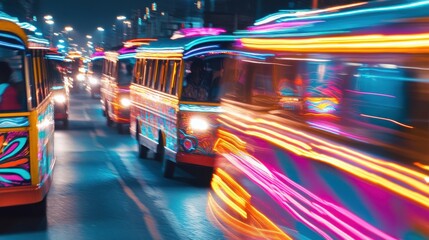 Obraz premium Night City Commute:Vibrant, colorful buses speed through a bustling city at night, their lights creating streaks of neon in a dynamic, motion-blurred scene.